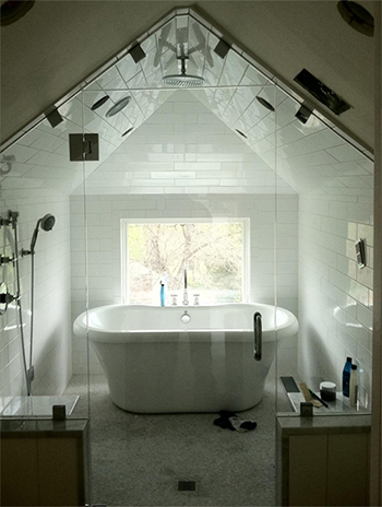 Glass enclosure for a bath and shower room with a free standing tub inside
